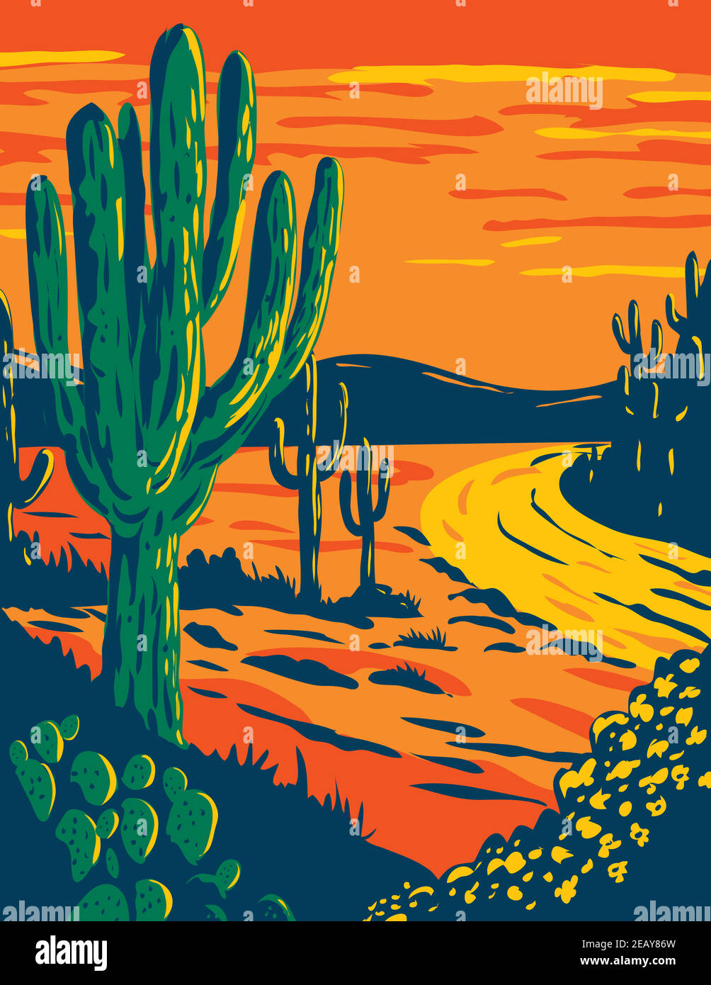 Affiche WPA du Saguaro, Carnegiea gigantea, un genre de cactus à la tombée de la nuit dans le parc national de Saguaro à Tucson, Arizona fait dans le projet de travaux Illustration de Vecteur