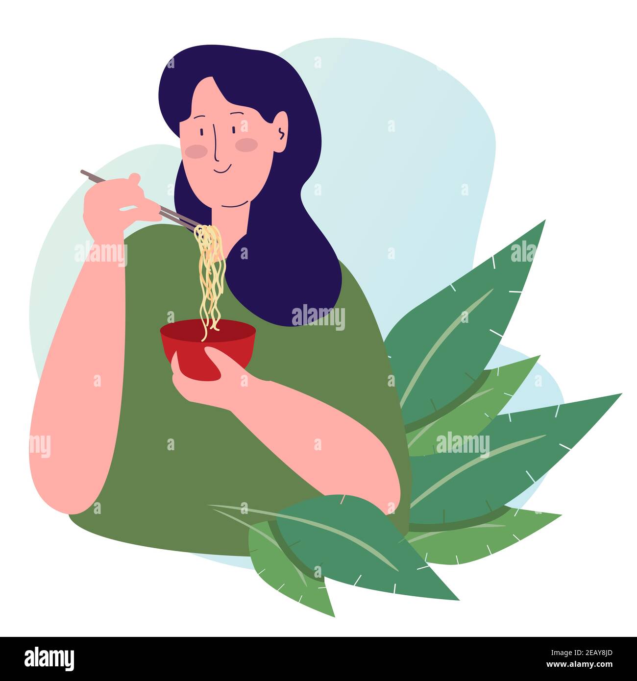 fille mangeant des nouilles sur le bol rouge utiliser le bâton avec le dessin animé style plat Illustration de Vecteur