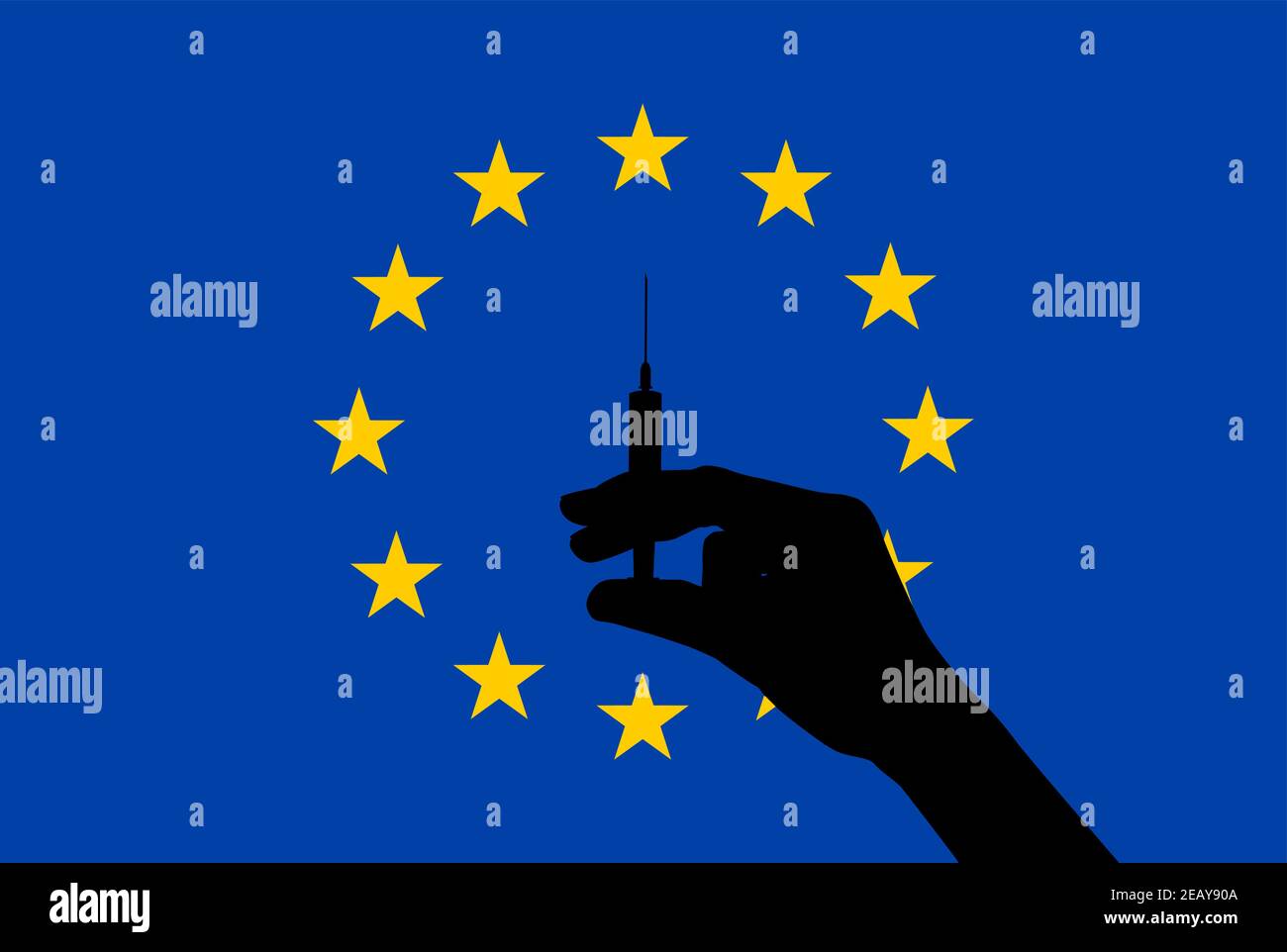 La silhouette noire de la main contient une seringue avec un vaccin contre le drapeau de l'UE. La vaccination dans l'Union européenne. Illustration vectorielle Illustration de Vecteur