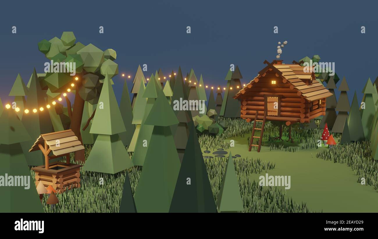 Maison en bois de conte de fées magique en forêt. Illustration 3D de la cabane surréaliste Baba Yaga sur des pattes de poulet en bois. Modèle rustique de cottage surnaturel. S Banque D'Images