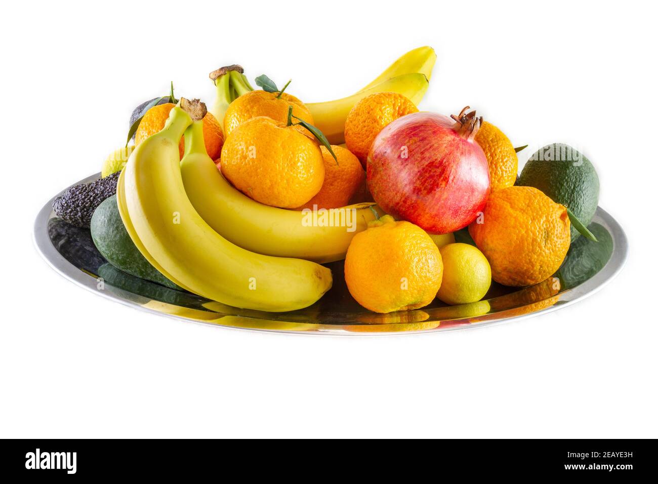 Assortiment de fruits frais et de légumes de bananes, grenade, citron, mandarine et avocat. Banque D'Images