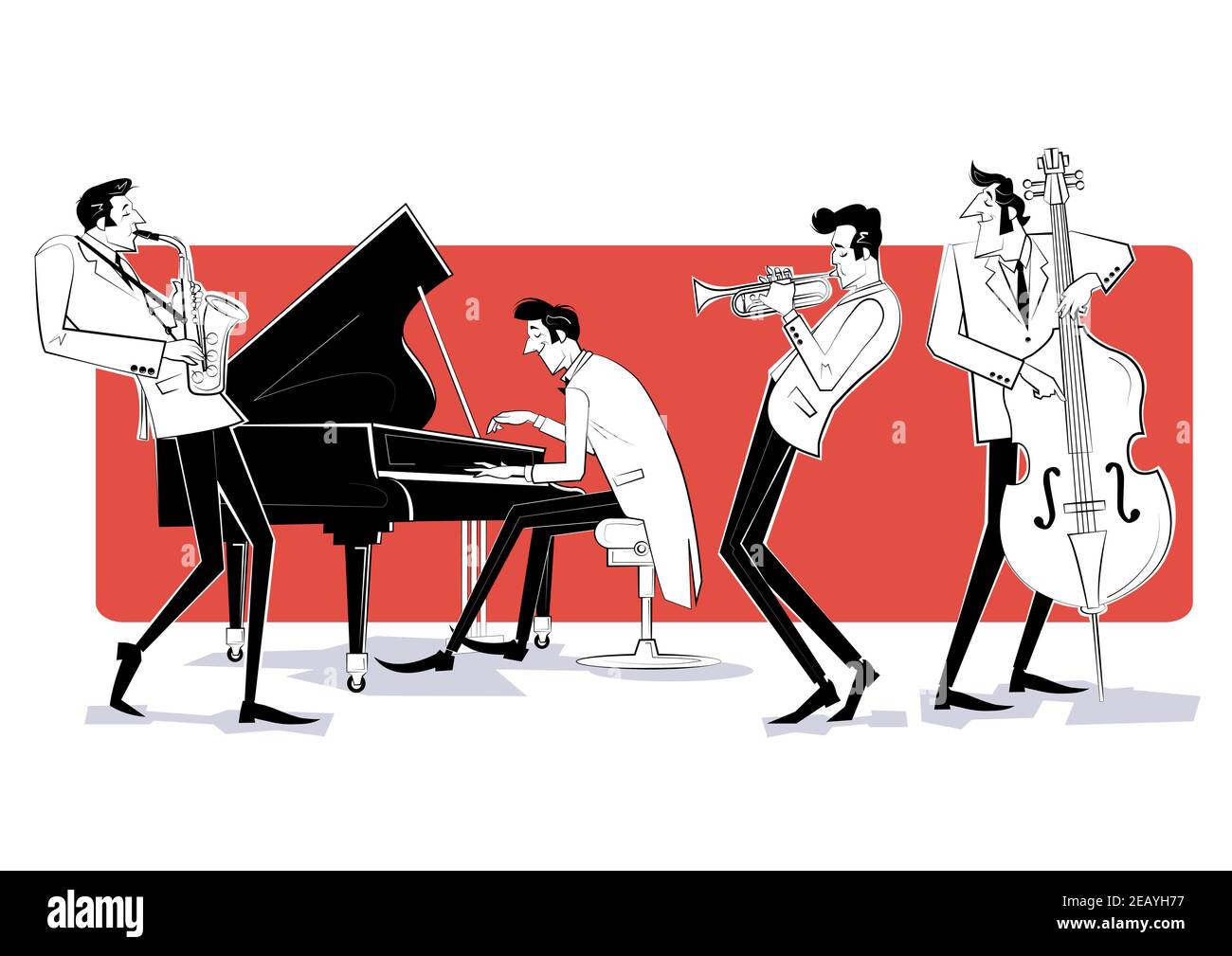 Illustration vectorielle d'un groupe Jazz avec contrebasse, trompette,  saxophon et piano sur fond rouge Image Vectorielle Stock - Alamy
