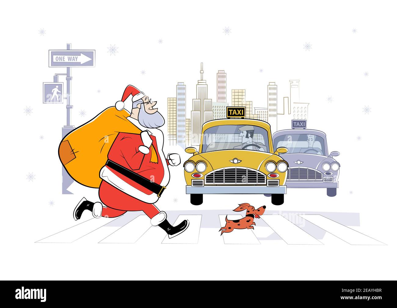 Illustration du Père Noël à New York avec sac de cadeaux et petit chien. Illustration de l'esquisse Illustration de Vecteur