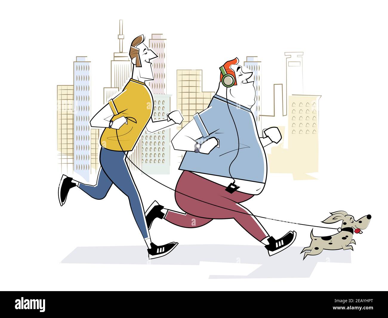 Mode de vie sain, vie active, sport. Course matinale dans la grande ville. Deux coureurs souriants et un petit chien. Illustration rétro dans le style d'esquisse. Illustration de Vecteur