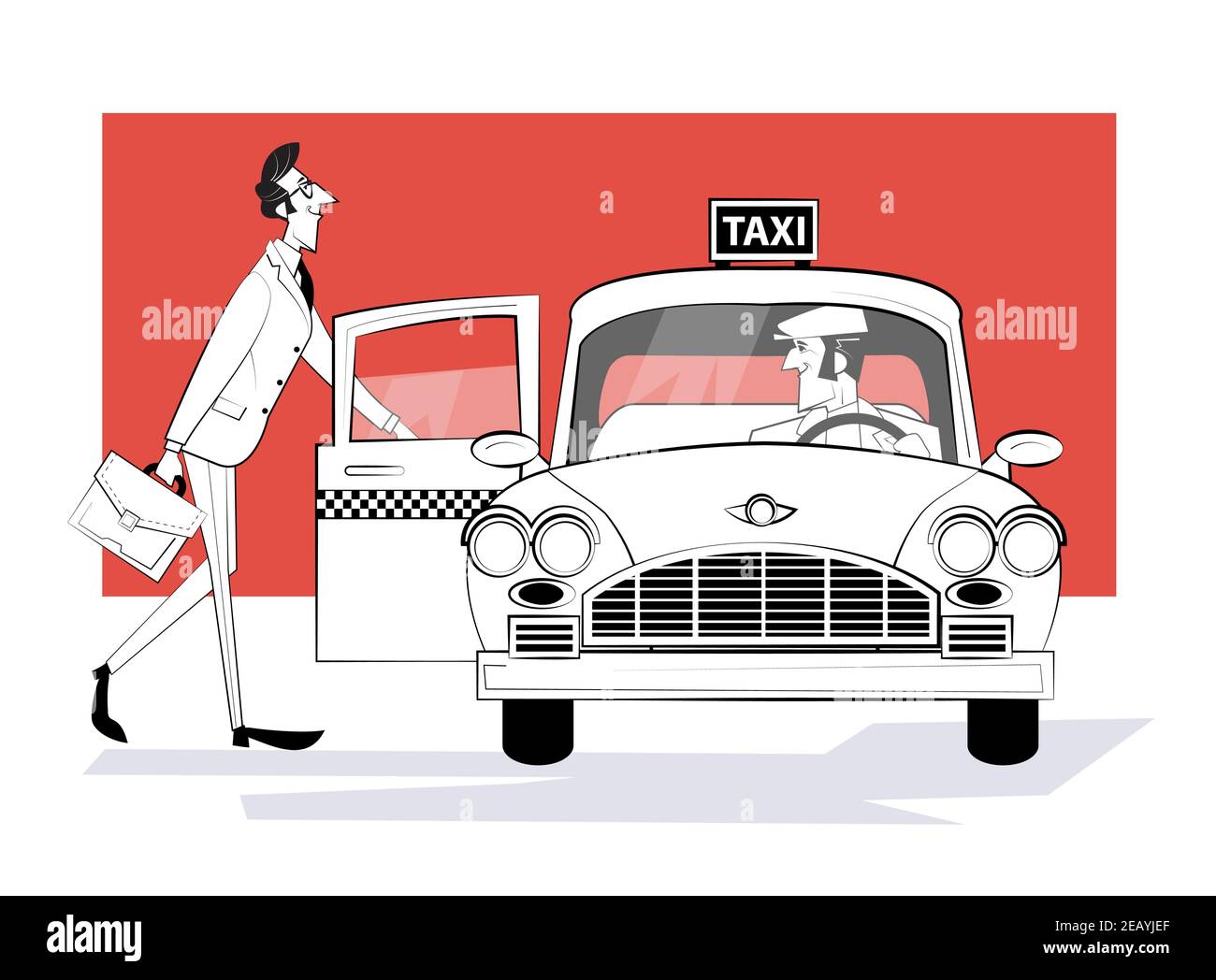 Commande de voiture de taxi. L'homme entre dans une voiture de taxi rétro. Homme d'affaires se précipitant vers la réunion. Illustration vectorielle. Illustration rétro dans le style d'esquisse. Illustration de Vecteur