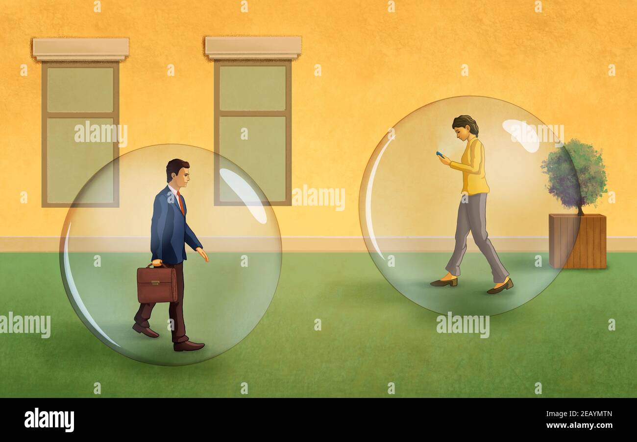 Les peuples se marient sur leurs activités quotidiennes protégées par une grande bulle transparente. Illustration numérique. Banque D'Images