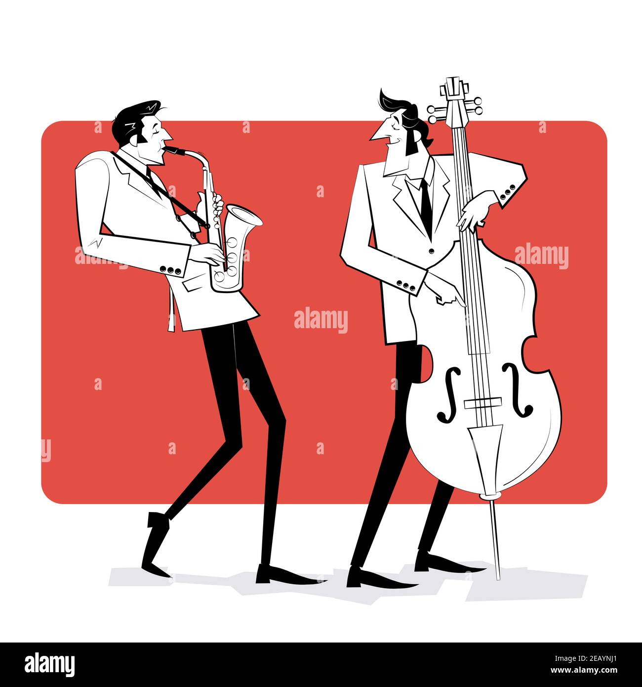 Concept pour affiche jazz. Deux hommes jouant du saxophone et de la contrebasse sur fond rouge. Illustration du style d'esquisse. Illustration de Vecteur