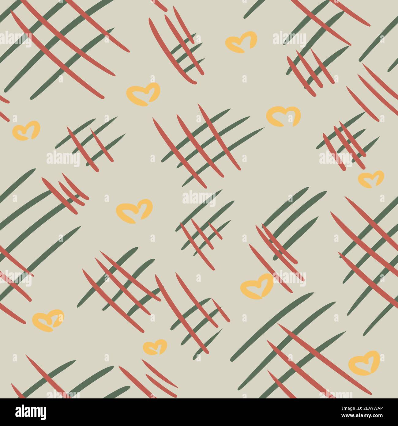 Motif gris abstrait sans couture avec lignes rouges et vertes et cœurs jaunes Banque D'Images