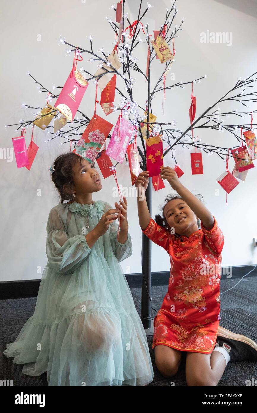 (210211) -- CANBERRA, 11 février 2021 (Xinhua) -- la photo prise le 9 février 2021 montre deux filles sous un arbre décoré d'enveloppes rouges pour le nouvel an chinois à Canberra, en Australie. Fabrication de boulettes, mise en place de couplets, danse traditionnelle... les Chinois de Canberra, capitale australienne, trouvent différentes façons de créer une atmosphère pour le Festival du printemps. POUR ALLER AVEC le « nouvel an chinois célébré dans la capitale australienne avec des boulettes, des couplets et des souhaits de retourner bientôt en Chine » (photo de Chu Chen/Xinhua) Banque D'Images