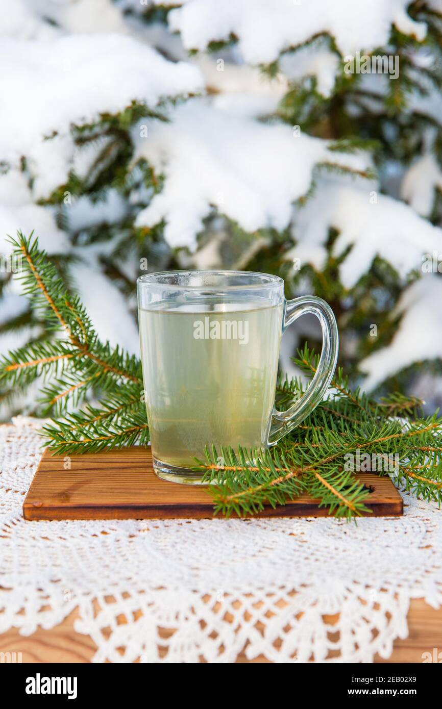 Infusion de thé à l'aiguille de l'épicéa dans une tasse à thé en verre transparent. Épinettes brouillées sur fond de neige, à l'extérieur par temps froid d'hiver. Espace pour le texte. Banque D'Images