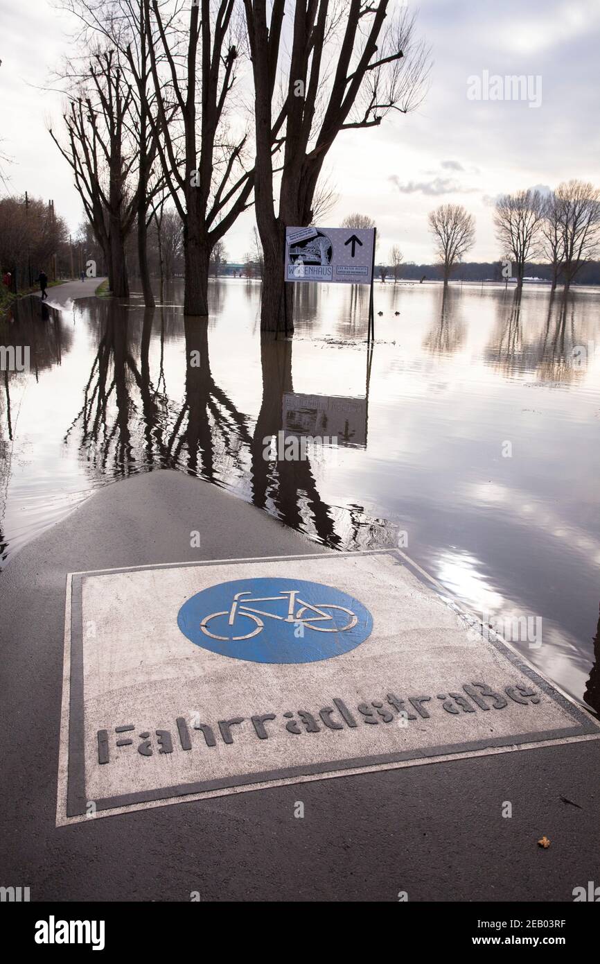 Inondation du Rhin le 5 février. 2021, rue cyclable inondée sur les rives du Rhin dans le district de Poll, Cologne, Allemagne. Hochwasser d Banque D'Images