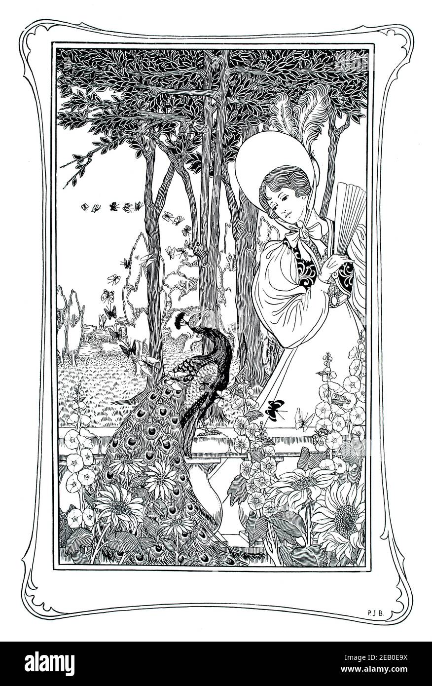 Femme avec paon dans le jardin, illustration par Percy James Billinghurst en 1898 le Studio an Illustrated Magazine of Fine and Applied Art Banque D'Images