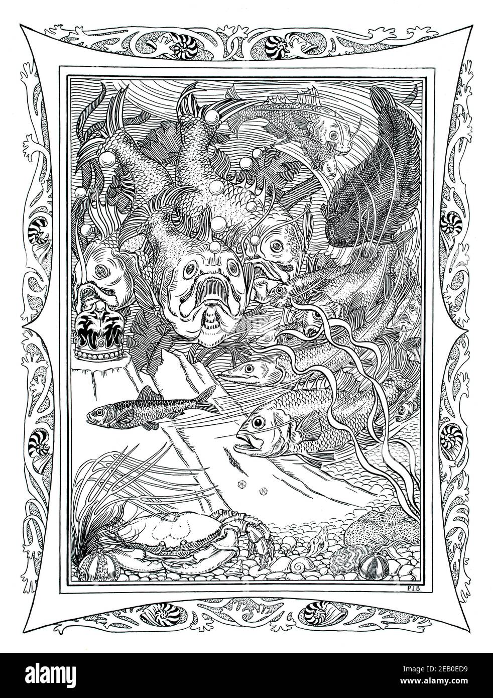Scène sous-marine, poisson avec perles et couronne, illustration par Percy James Billinghurst en 1898 le Studio un magazine illustré de fin et appliqué Banque D'Images
