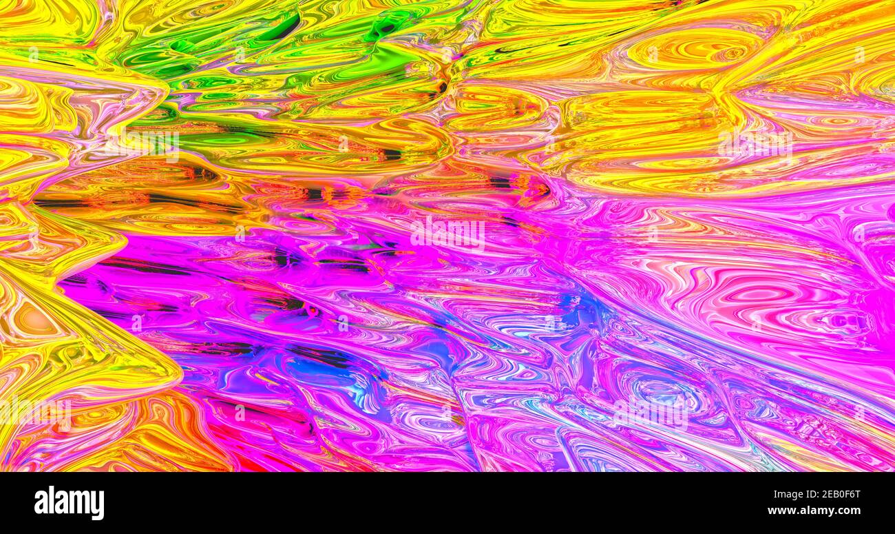 Composition abstraite de l'art liquide à l'huile mélange de couleurs bleu, rouge, orange, vert et violet formant des vagues. Illustration 3D Banque D'Images