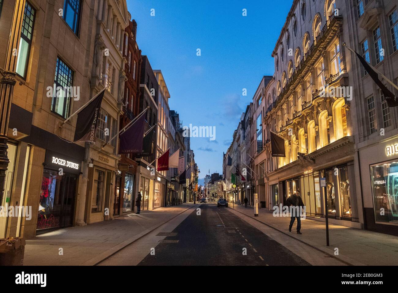 Londres, Royaume-Uni. 10 février 2021. Une scène tranquille dans New Bond Street pendant le troisième confinement national. New Bond Street est le lieu de shopping de luxe à Londres. Crédit : SOPA Images Limited/Alamy Live News Banque D'Images