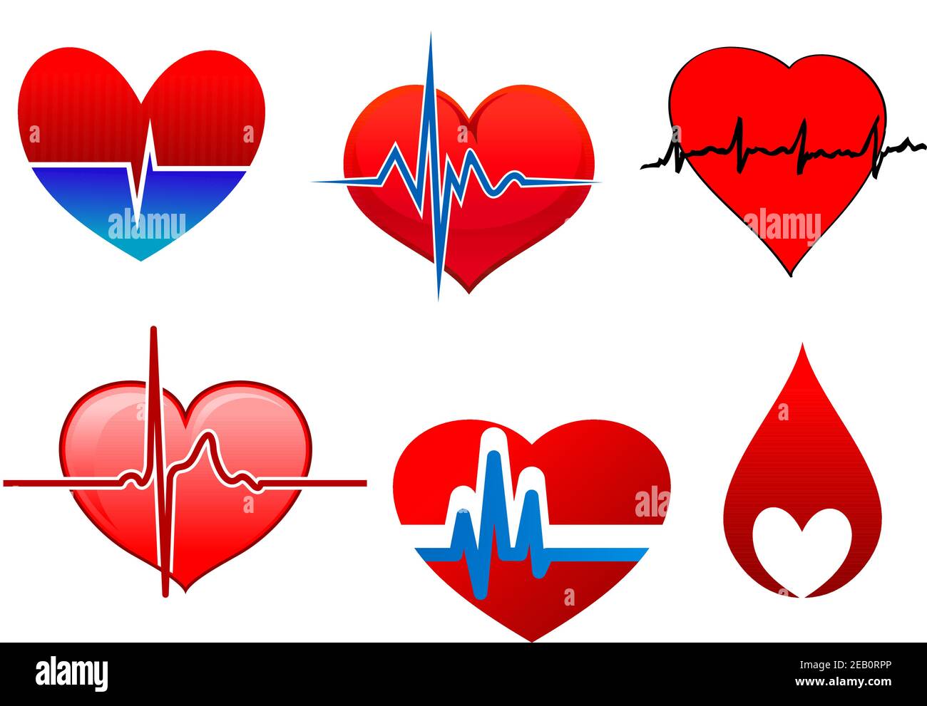 Ensemble d'icônes cardiologiques avec cœur rouge vif. L'un d'entre eux dans une goutte de sang et l'autre partie avec la ligne cardioïde de cardiogramme Illustration de Vecteur