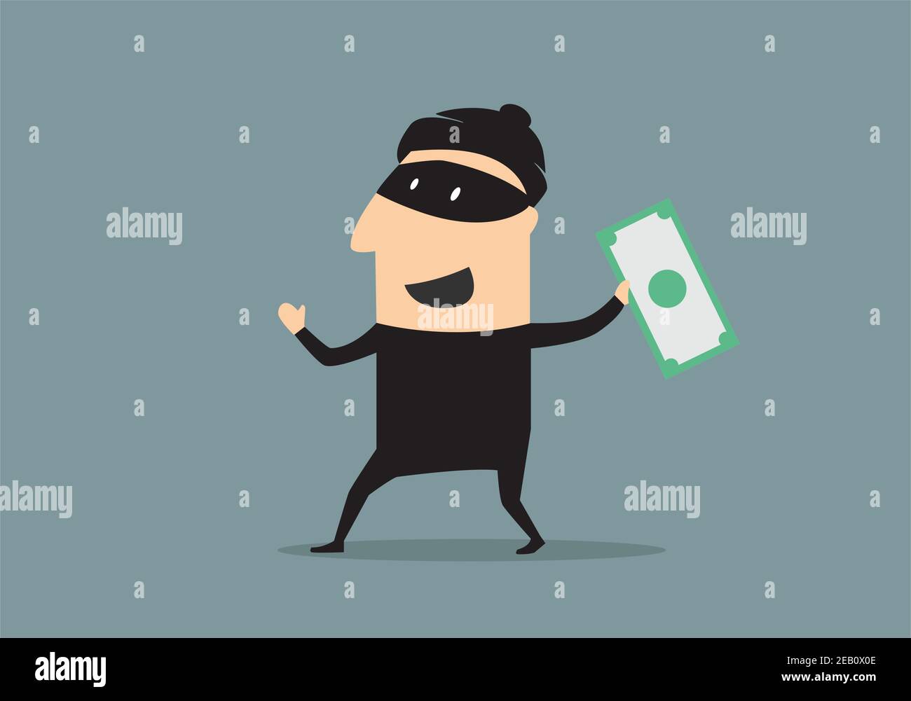 Un voleur de dessin animé souriant dans un masque noir et un costume dedans style plat tenant un billet de banque volé Illustration de Vecteur
