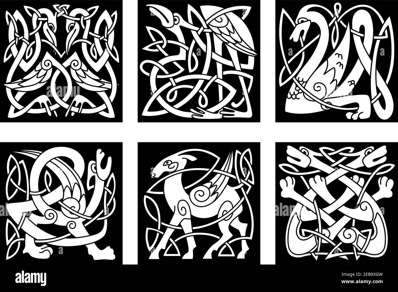 Mythiques animaux celtiques héron, dragon, loups, cerfs, gryphon, cigognes sur fond noir pour tatouage, mascotte ou totem design Illustration de Vecteur