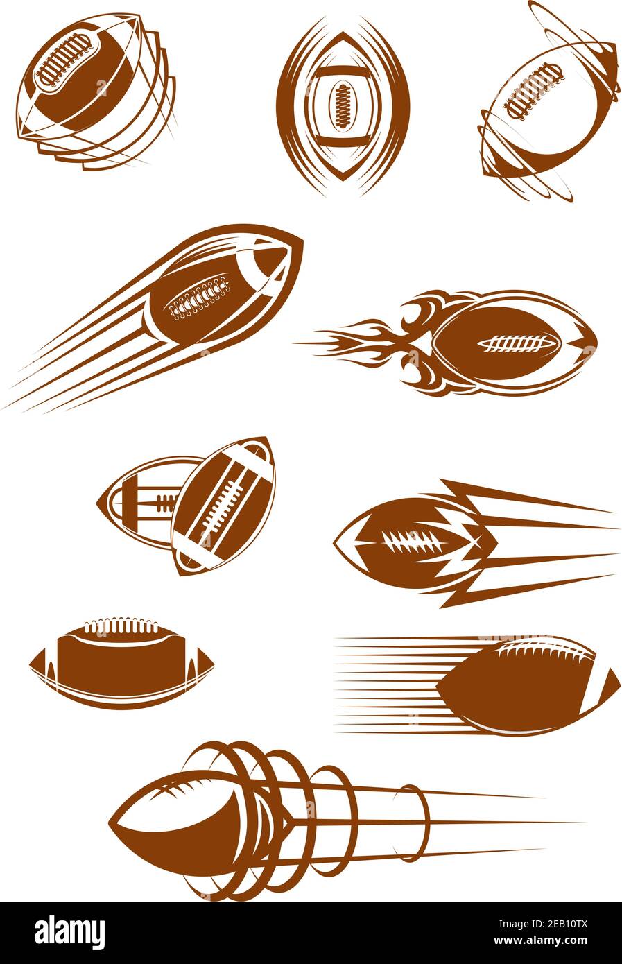 Icônes brunes des balles de football américain ou de rugby en cuir qui tourbillonnaient et voler dans les airs avec des pistes de mouvement pour le sport conception Illustration de Vecteur