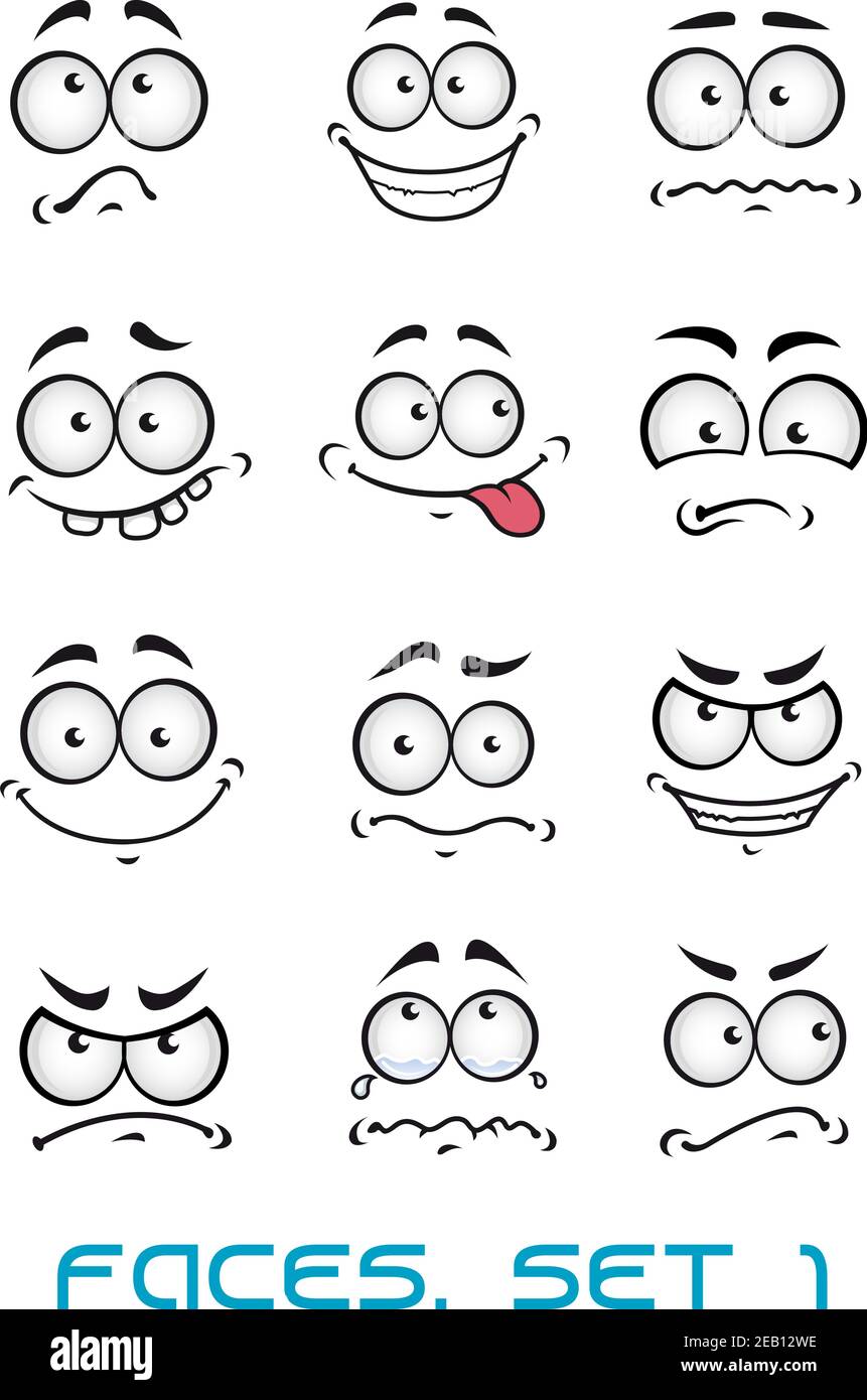 Dessins animés visages avec des émotions différentes comme le bonheur, joyeuse, BD, surprise, triste et amusant Illustration de Vecteur