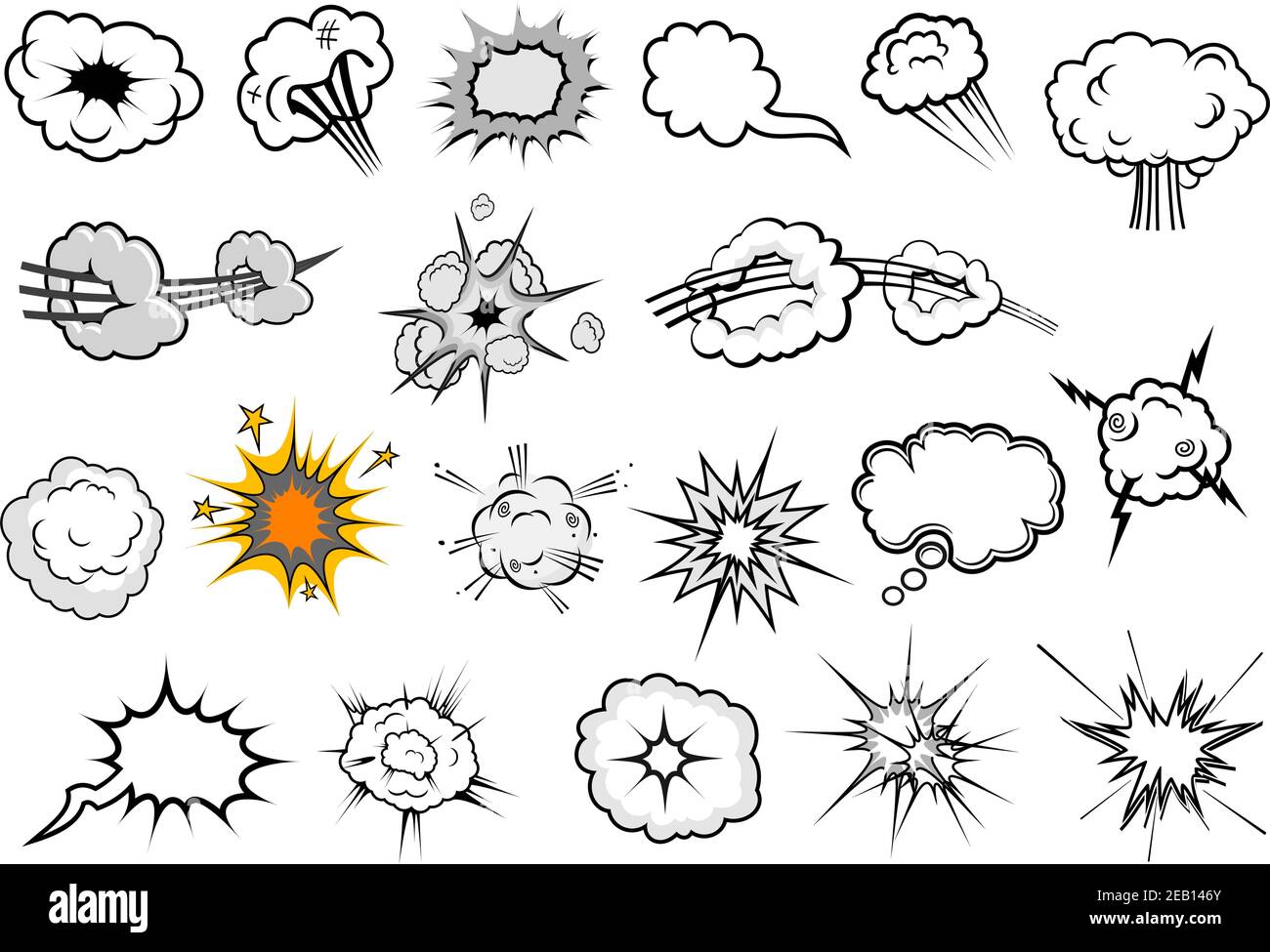 Les nuages d'explosion de bande dessinée et les bulles de parole avec des pistes de mouvement, des étoiles et des éclairs dans le style de dessin animé Illustration de Vecteur