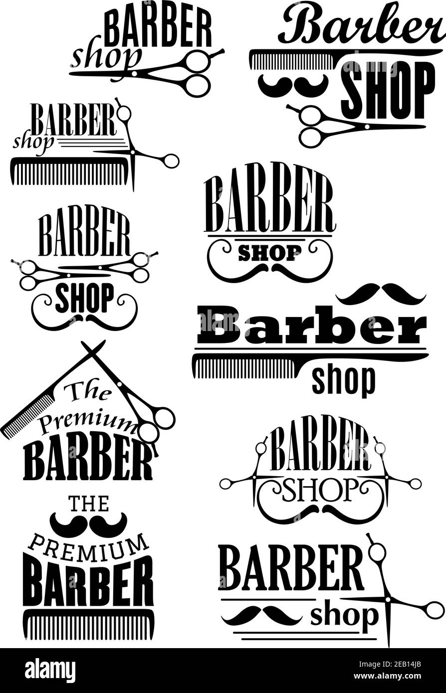 Coiffeur avec emblèmes et logo noirs, moustache fine et fine courue, ciseaux et sabots de style rétro pour une coupe de cheveux et un design de salon de rasage Illustration de Vecteur