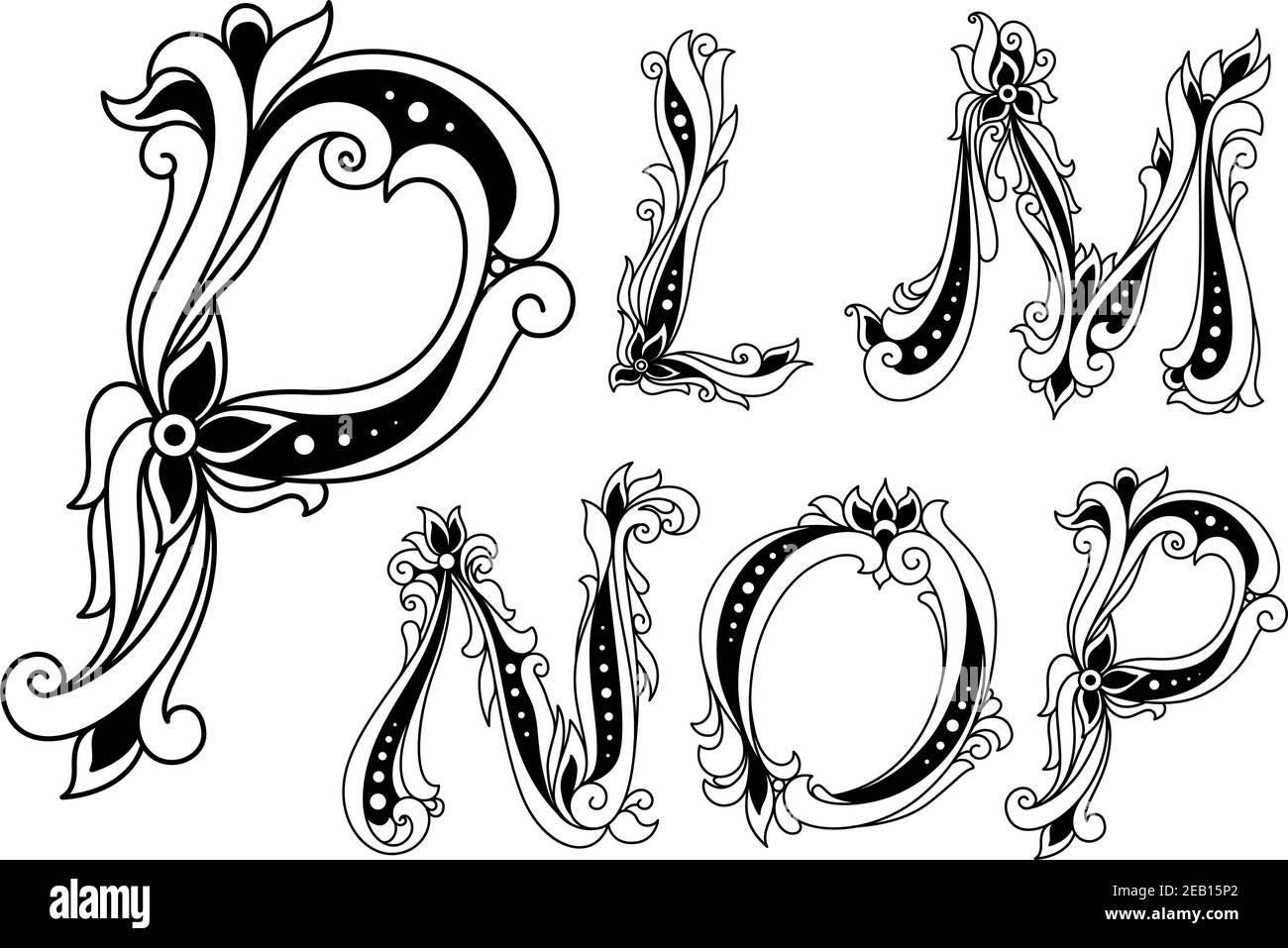 Alphabet floral avec lettres majuscules P, L, M, N, O fleurs et brindilles décorées dans un style de contour pour l'invitation ou la conception de livre Illustration de Vecteur