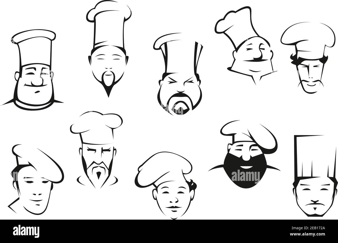 Portraits de chefs ou de cuisiniers en uniforme avec moustaches et barbes différentes nationalités et expressions émotionnelles pour le logo ou emblème d Illustration de Vecteur