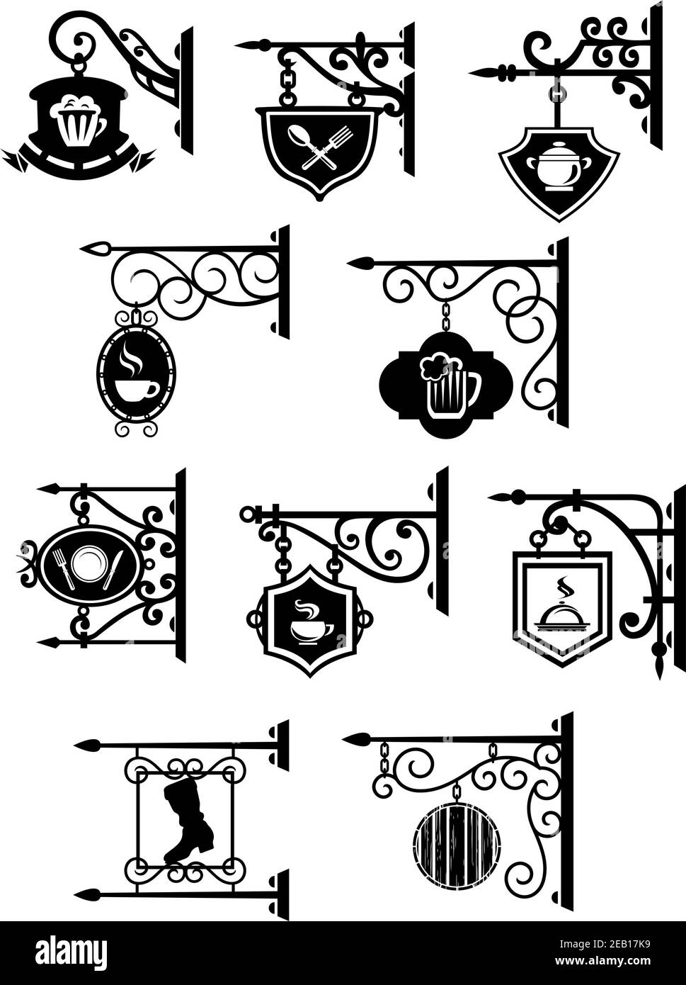 Panneaux de signalisation de rue vintage noirs suspendus sur des supports forgés avec des symboles de bar, pub, café, restaurant et atelier Illustration de Vecteur