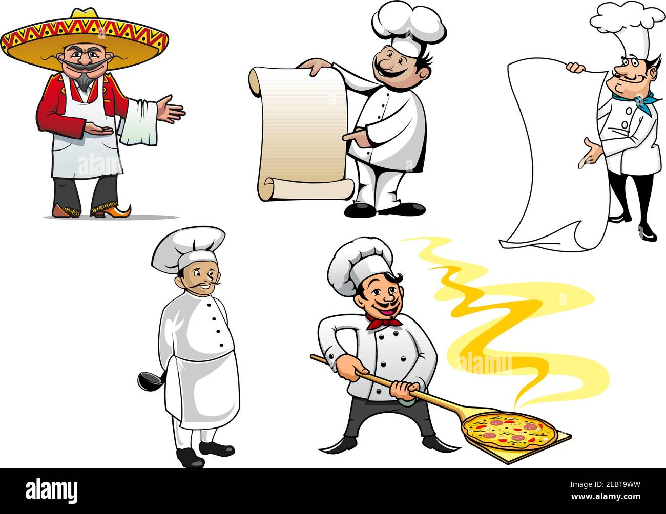 Ensemble de chefs internationaux de personnages vectoriels colorés avec un mexicain, français, allemand, un cuisinier oriental et une pizza italienne Illustration de Vecteur