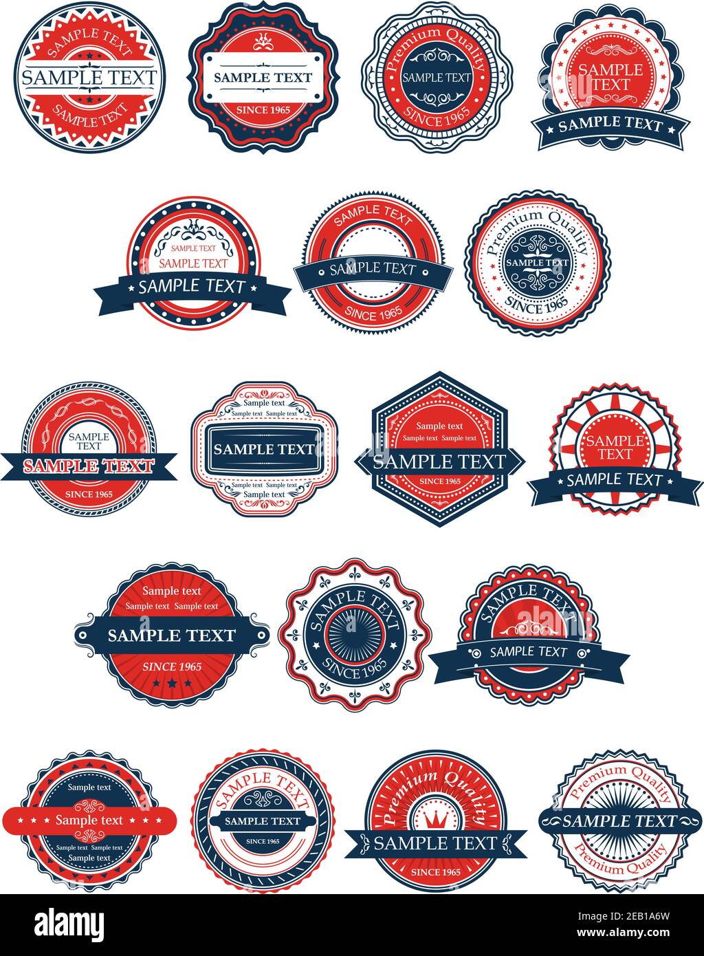 Badges ou étiquettes rétro circulaires de formes différentes, certains avec des bannières, et tous avec un exemple de texte modifiable en rouge, blanc et bleu Illustration de Vecteur