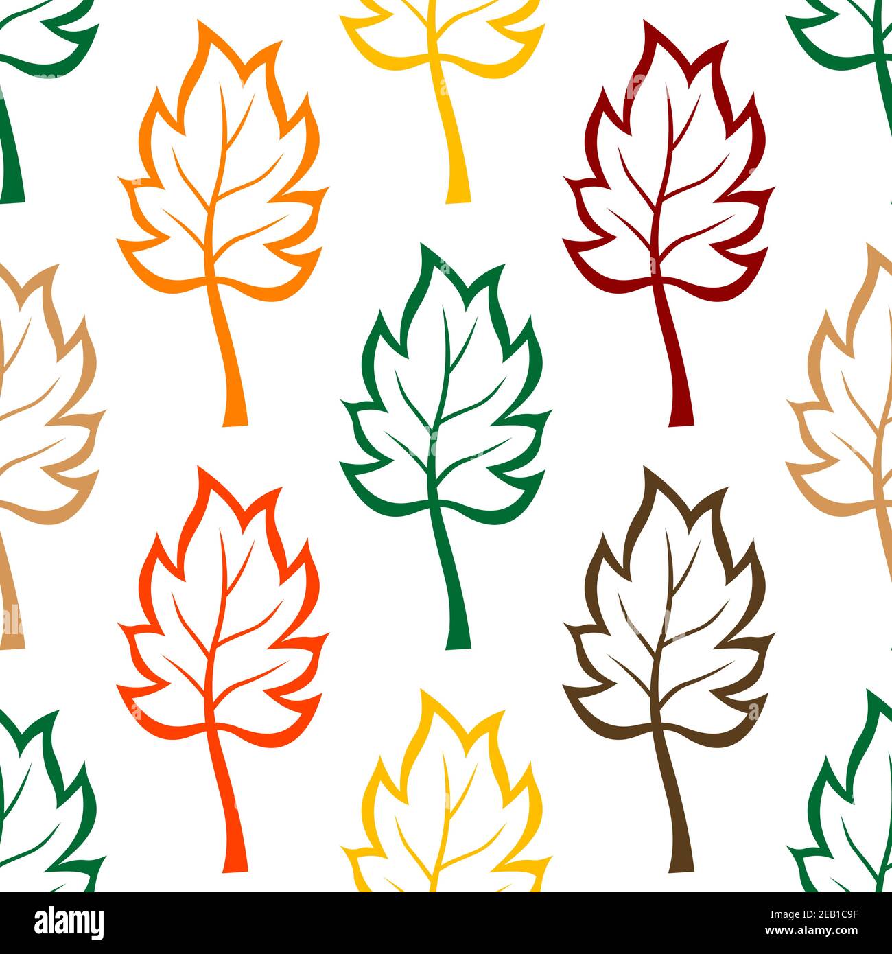 Motif d'arrière-plan sans couture de feuilles colorées dans un dessin de contour de plusieurs couleurs, format carré adapté pour le tissu, le papier peint et wrappi Illustration de Vecteur