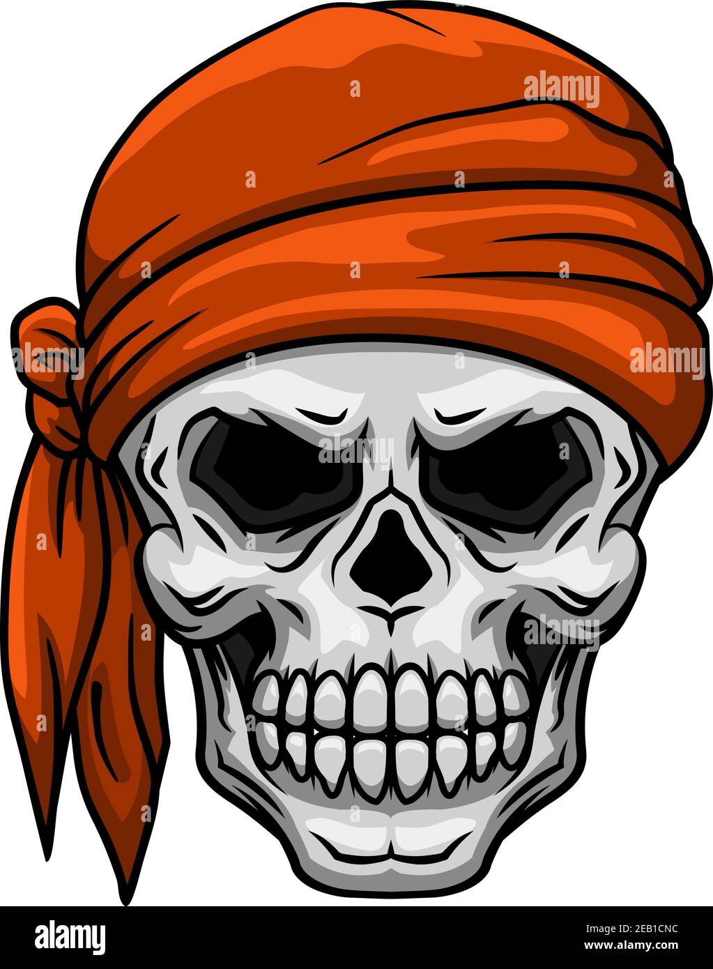Crâne de bande dessinée effrayant dans le bandana orange ou le mouchoir pour tatouage, bandes dessinées ou halloween partie design Illustration de Vecteur