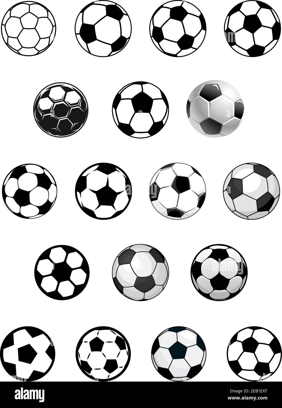 Ballons de football noir et blanc ou ballons de football noirs et blancs isolés sur fond blanc pour le design héraldique ou sportif des emblèmes Illustration de Vecteur