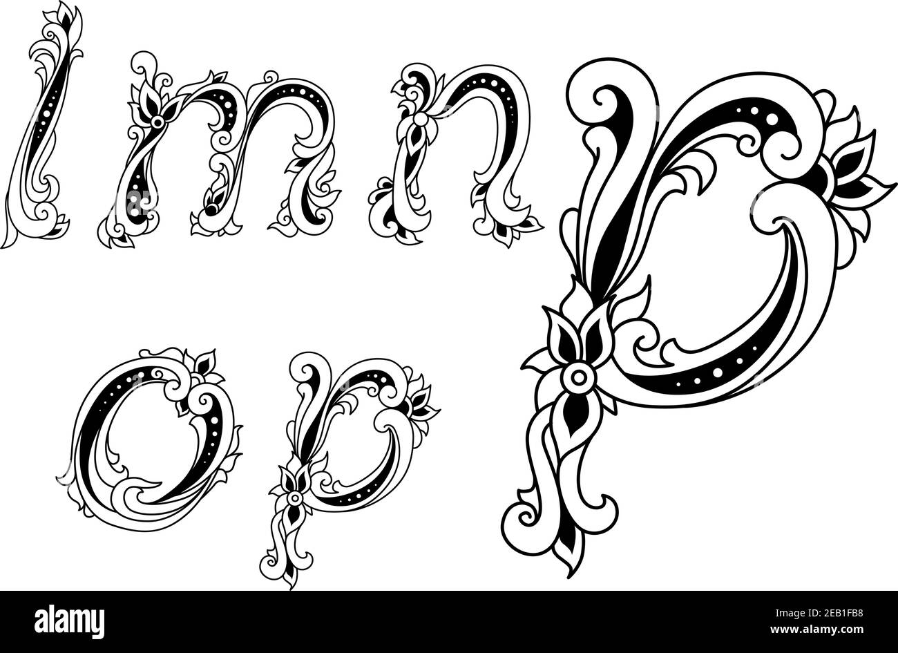 Lettres décoratives L, M, N, O et P avec éléments floraux Illustration de Vecteur