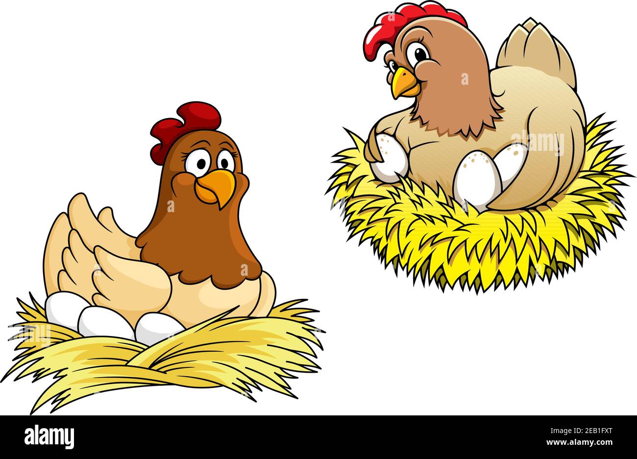 Les poules colorées incubent leurs œufs sur un nid de paille, pour l'agriculture ou le concept de pâques Illustration de Vecteur
