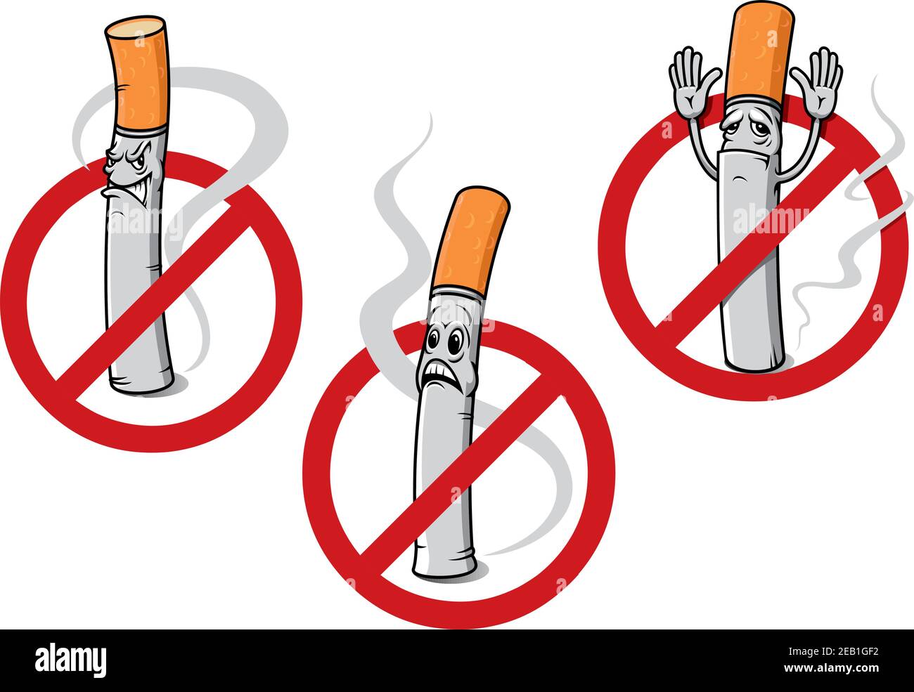 Caricature des signes de non-fumeurs représentant des cigarettes consternées, en colère ou en capitulation avec de la fumée de curling Illustration de Vecteur