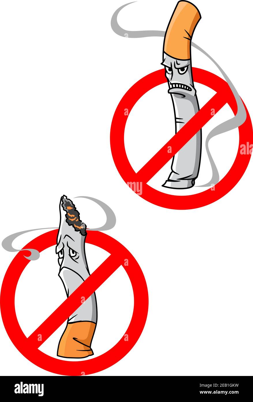 Interdiction de fumer, panneaux d'avertissement avec caricature en colère ou abattu cigarettes traversées en cercles rouges Illustration de Vecteur