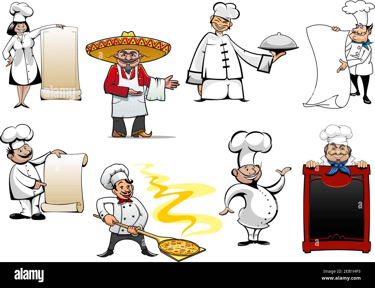 Variété caricature chefs ou boulangers chinois, mexicains, allemands, espagnols, français et italiens Illustration de Vecteur