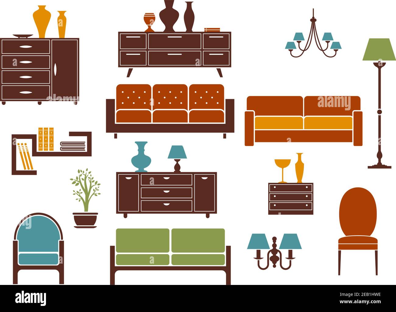 Mobilier et intérieur de la maison éléments de design plat comprenant canapé avec oreillers, fauteuil confortable, chaise vintage, armoire, lampe de plancher et lustres Illustration de Vecteur