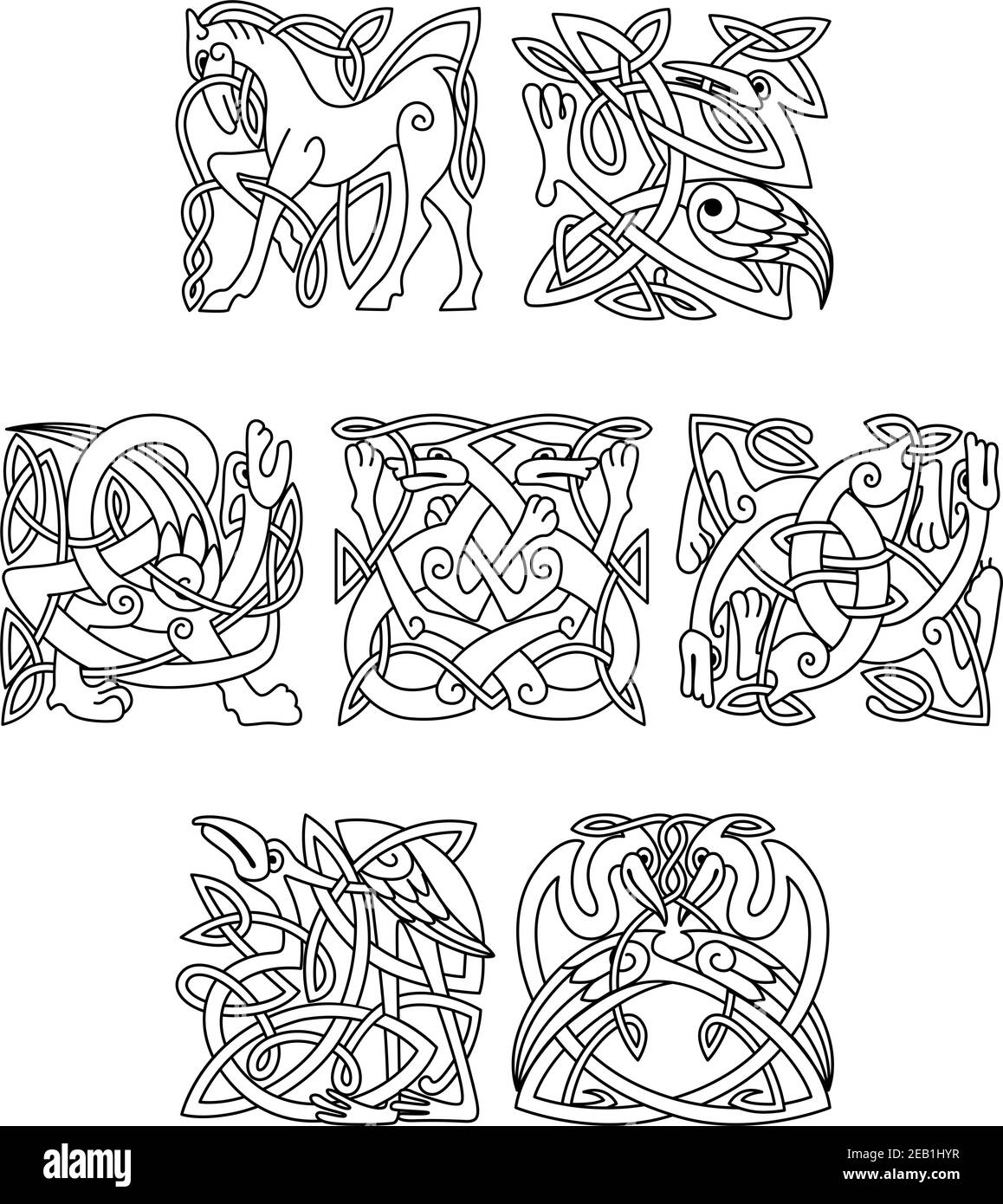 Motifs celtiques décoratifs carrés d'animaux et d'oiseaux entremêlés dans les dessins au trait noir et blanc Illustration de Vecteur