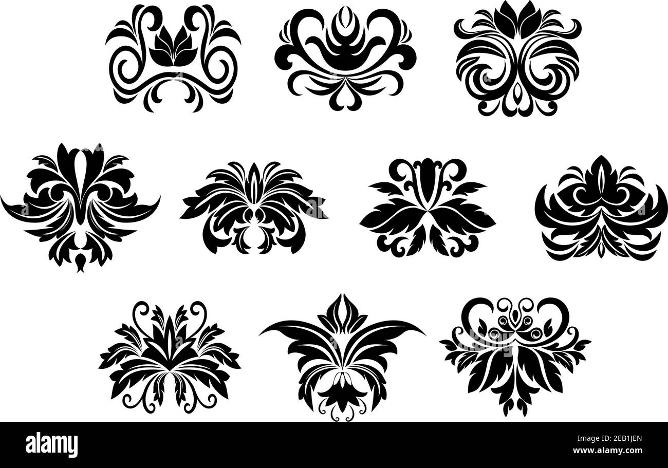 Éléments de fleurs ornementales noires avec fleurs stylisées décorées de caractères gras les feuilles défilent et les tendrils courbés isolés sur fond blanc Illustration de Vecteur