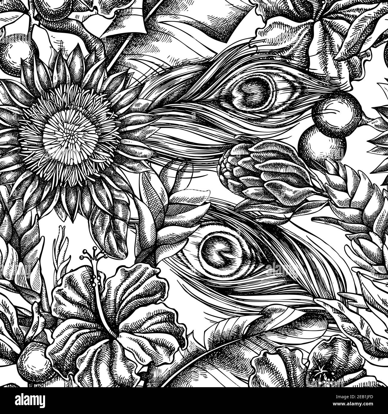 Motif sans couture avec feuilles de banane noir et blanc, hibiscus, solanum, broméliade, plumes de paon, protea Illustration de Vecteur