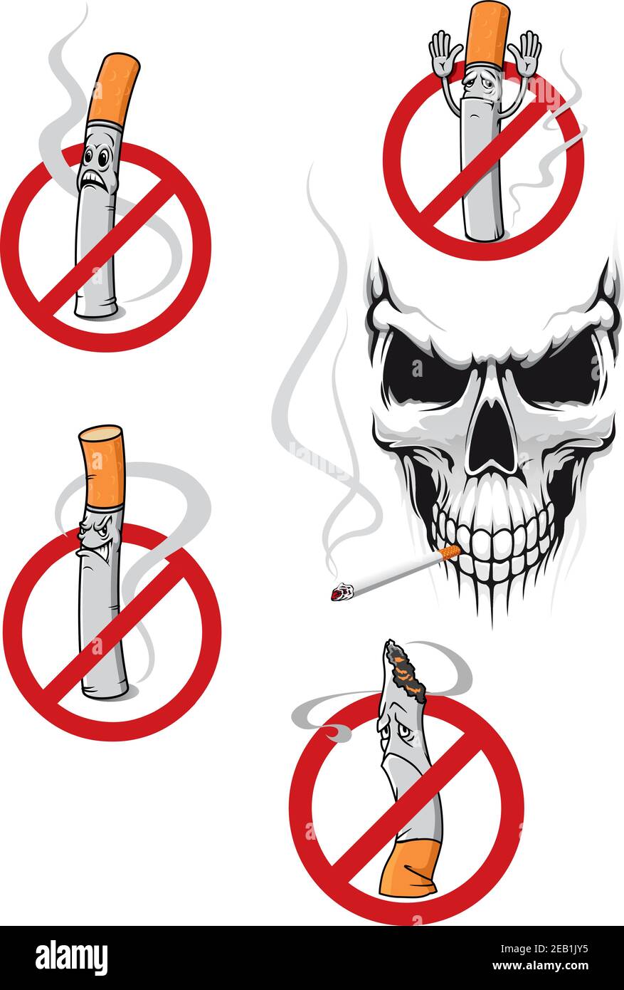 Panneau de non-fumeurs avec une cigarette de dessin animé et un crâne de danger pour conception de concept de santé Illustration de Vecteur