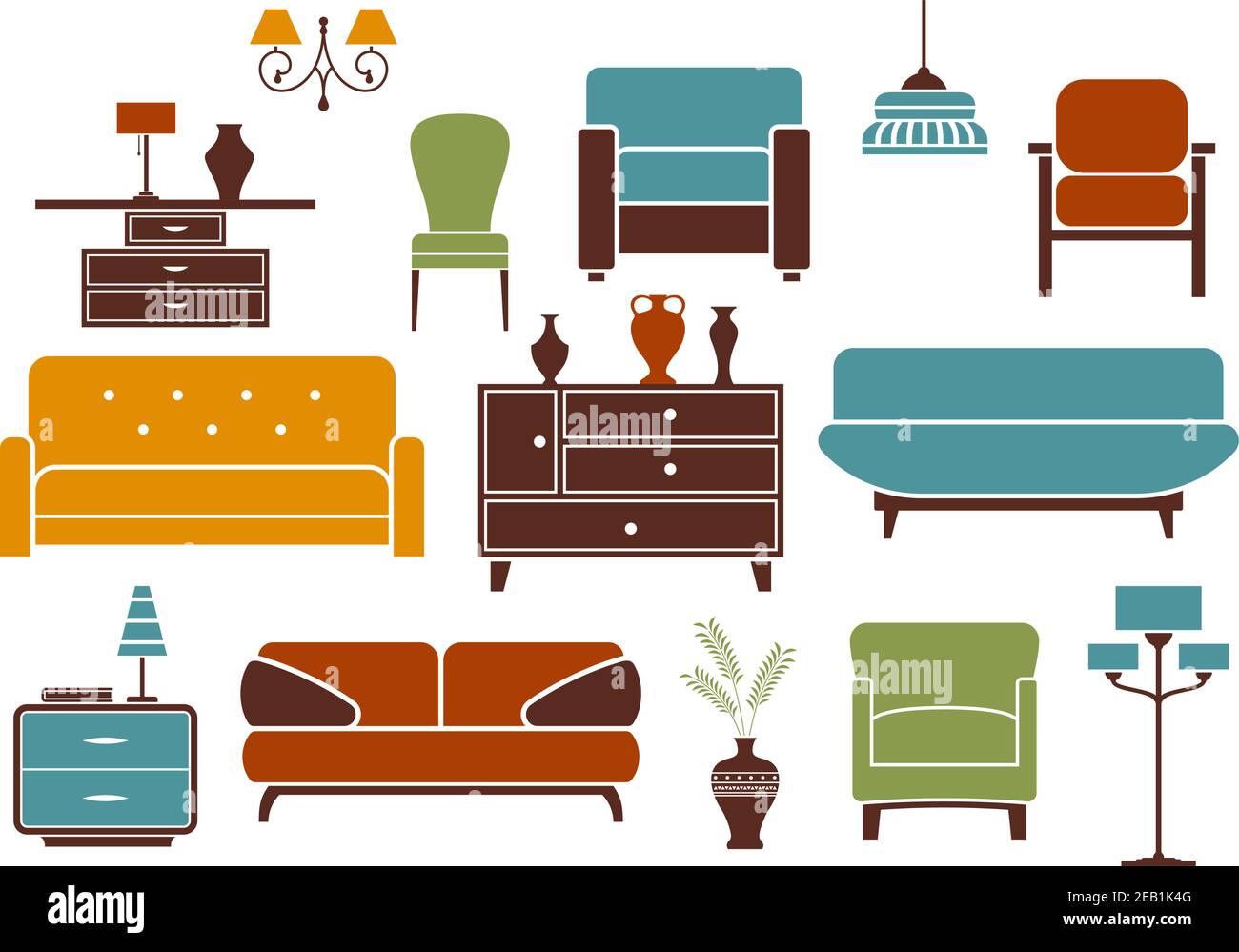 Mobilier et décoration intérieure : canapés modernes avec oreillers, fauteuils confortables, chaise vintage, armoire avec vases, table de nuit Illustration de Vecteur