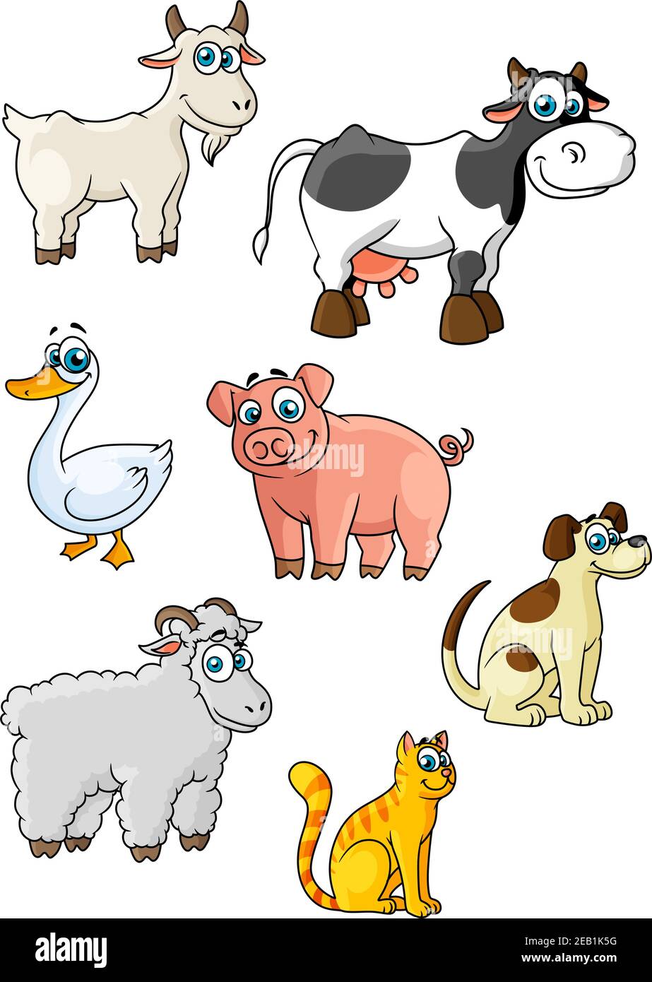 Animaux de ferme amusants et personnages d'oiseaux représentant la vache, le mouton, le porc, le chien, le chat, la chèvre, l'oie convient à la décoration enfantine ou à la conception de concept d'éducation Illustration de Vecteur