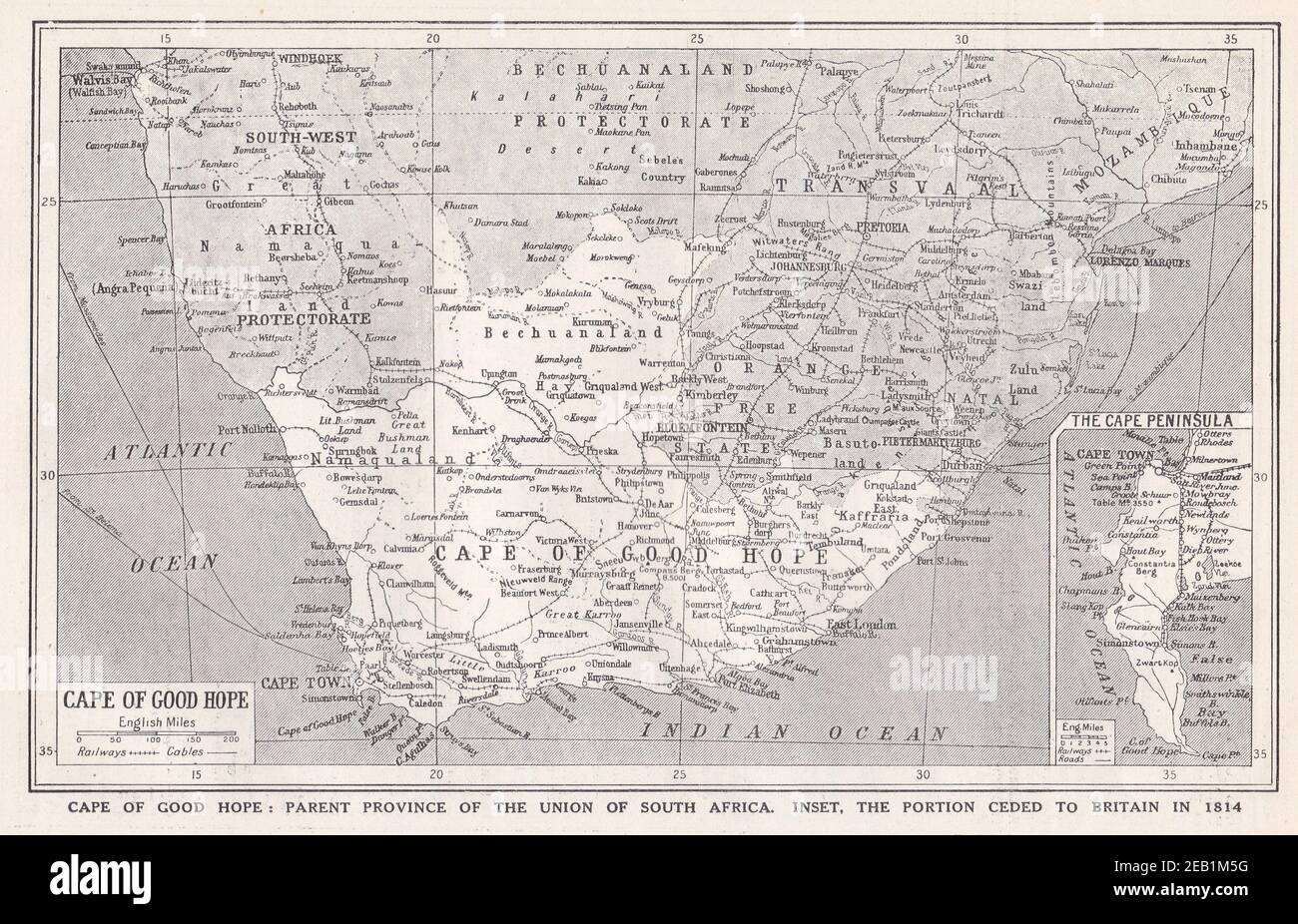 Carte d'époque du Cap de bonne espérance: Province mère de l'Union d'Afrique du Sud avec encart de la partie cédée à la Grande-Bretagne en 1814. Banque D'Images