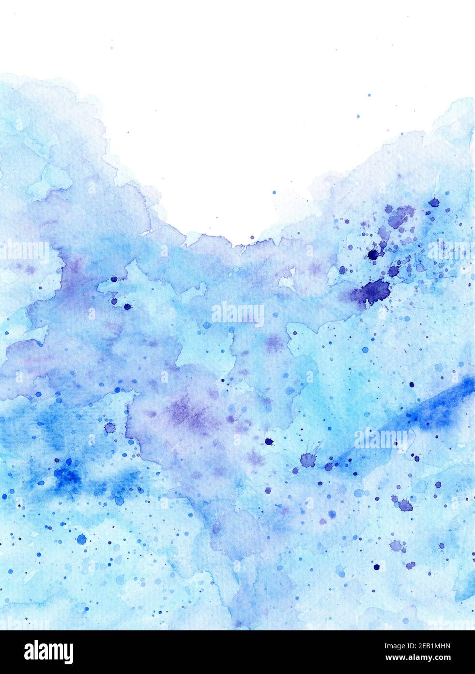 Arrière-plan aquarelle abstrait avec des taches et des splatters bleu clair et violet. Copier l'espace. Traînées multi-couches Banque D'Images