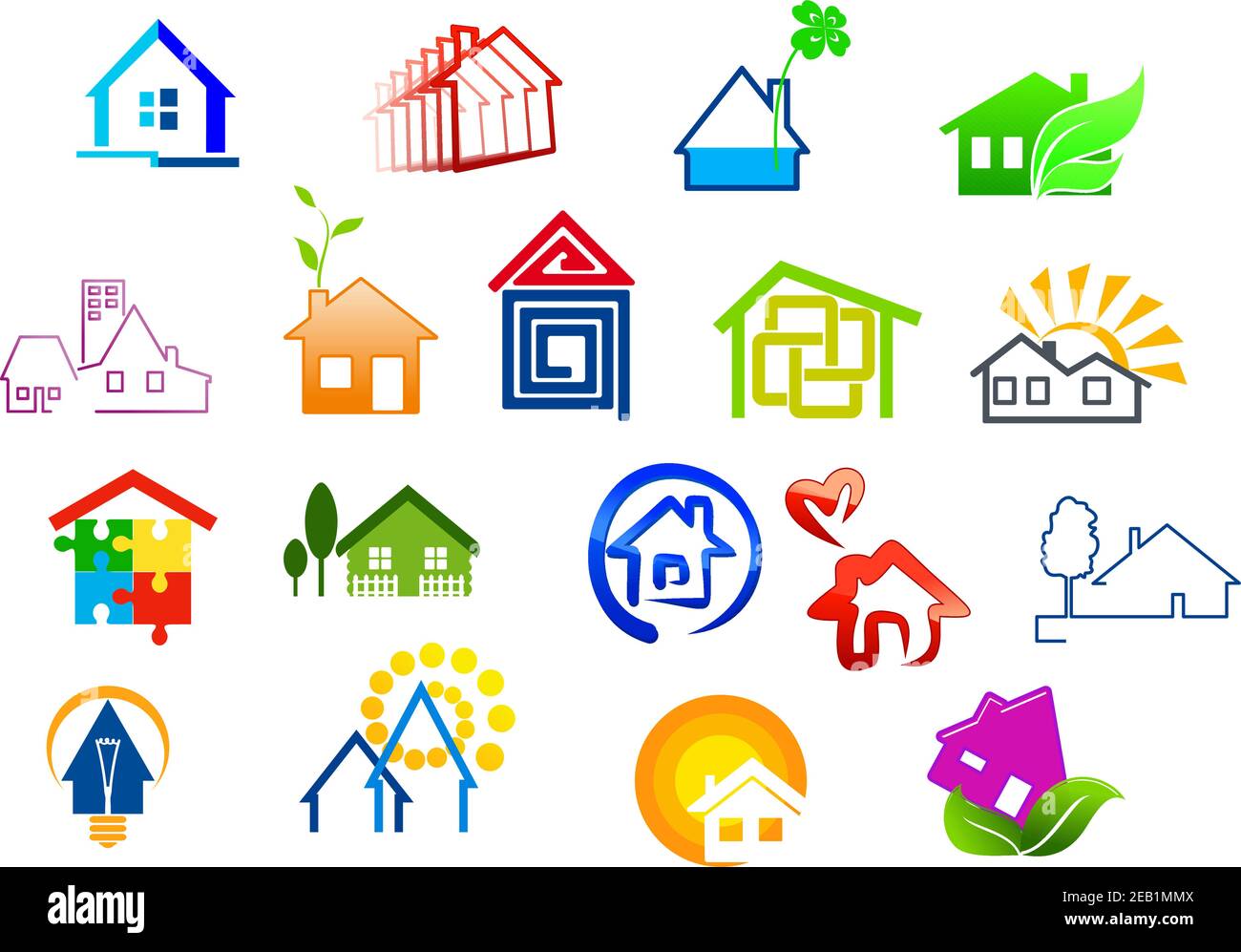 Immobilier coloré et icônes de maison avec puzzle, ampoule, soleil, arbre vert, coeur et détails de l'eau Illustration de Vecteur