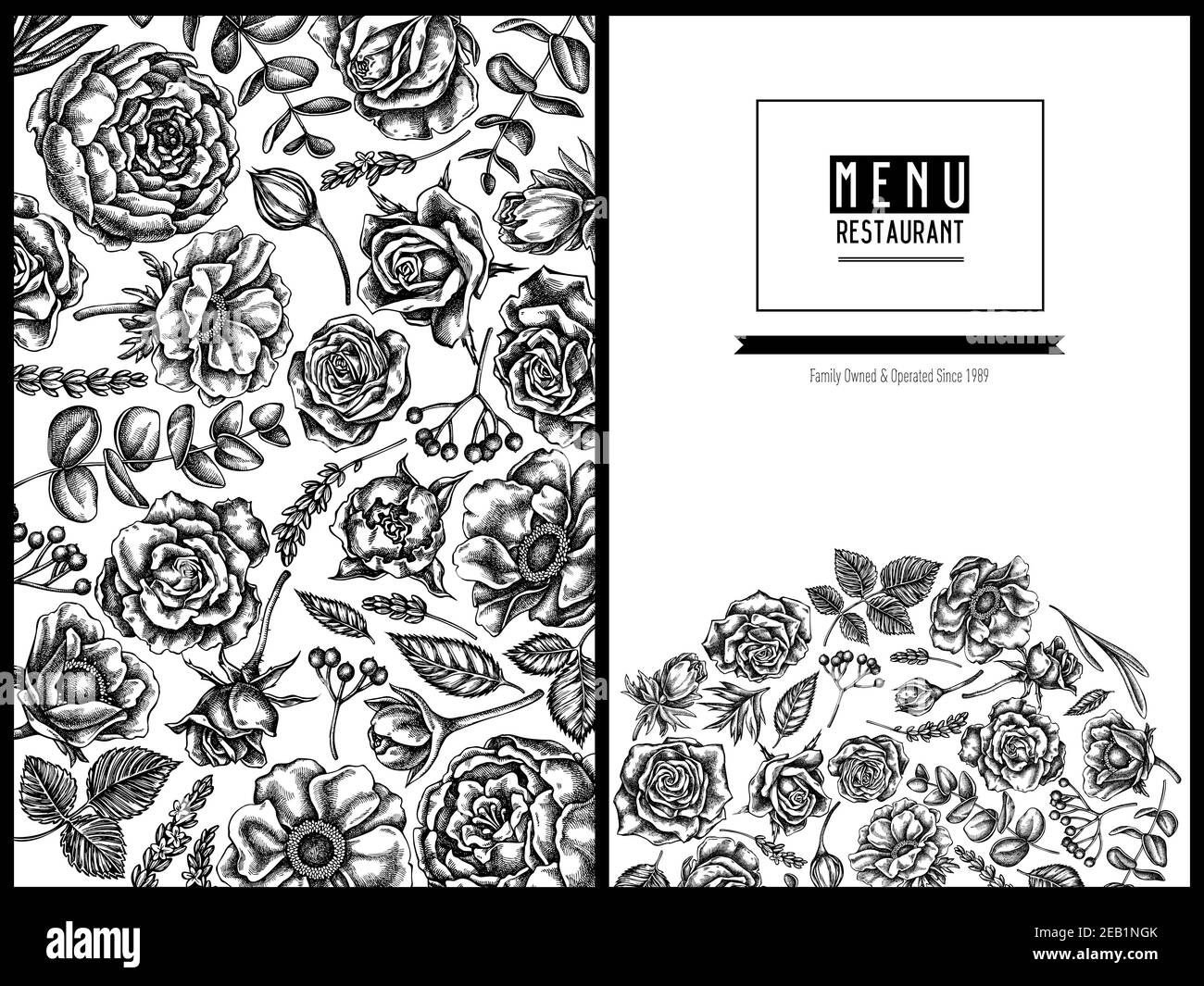 Le menu couvre un motif floral avec des roses noires et blanches, de l'anémone, de l'eucalyptus, de la lavande, de la pivoine et du viburnum Illustration de Vecteur